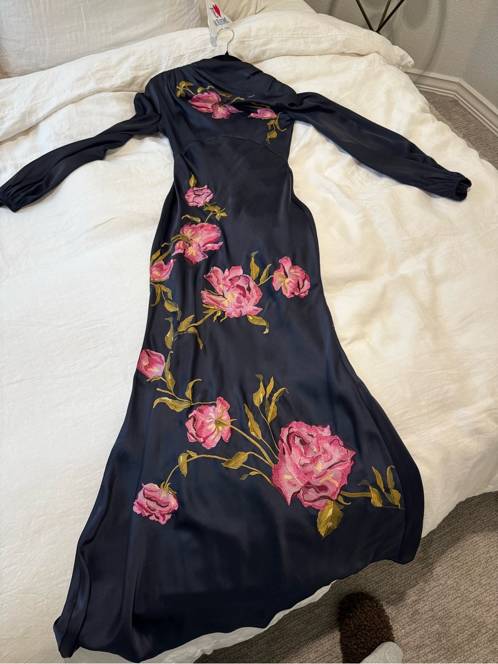 ASOS Navy Satin Long Sleeve Floral Embroidered Gown - Picture 3 of 7